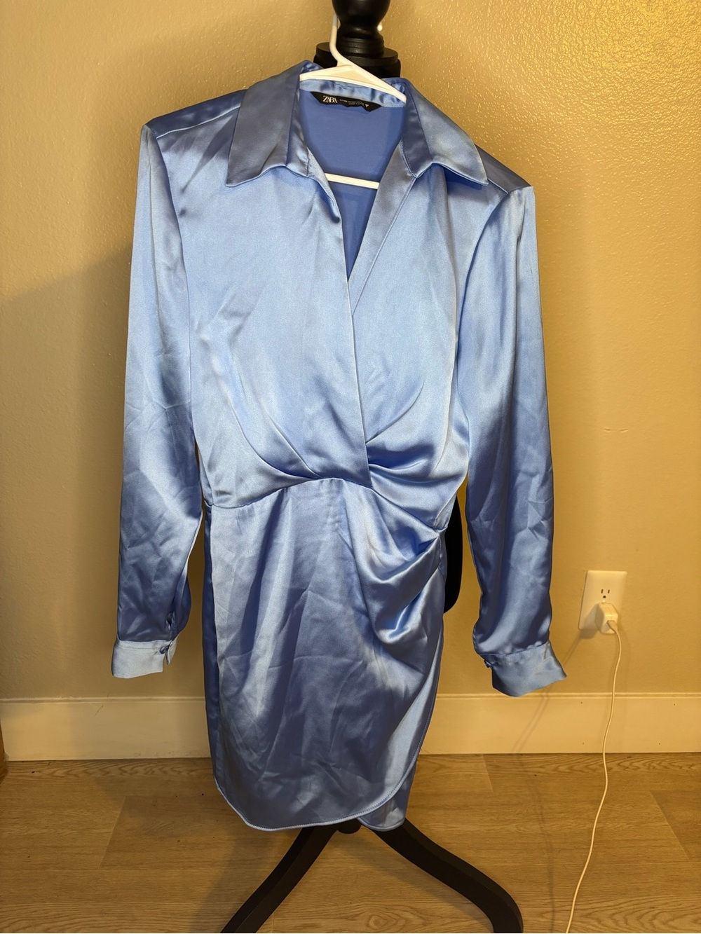 Zara Shiny Light Blue Satin Wrap Dress Size XS